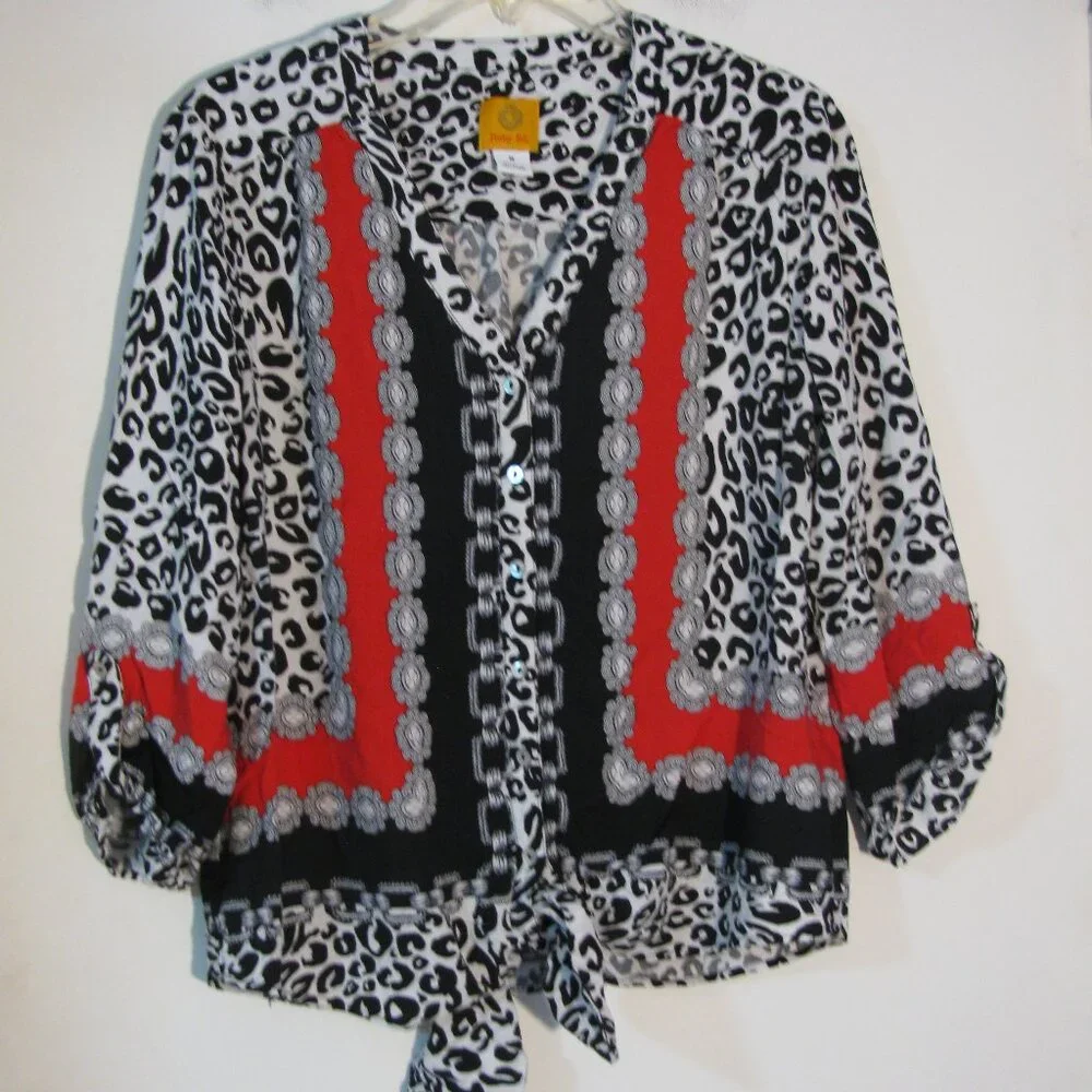 * Ruby Rd Black White Blouse Medium Colorful Tie Front - Picture 1 of 5